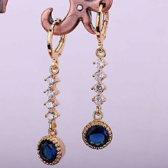 18K Yellow Gold Filled Sapphire Navy Blue White Diamond Zircon Dangle Earrings - Picture 1 of 5